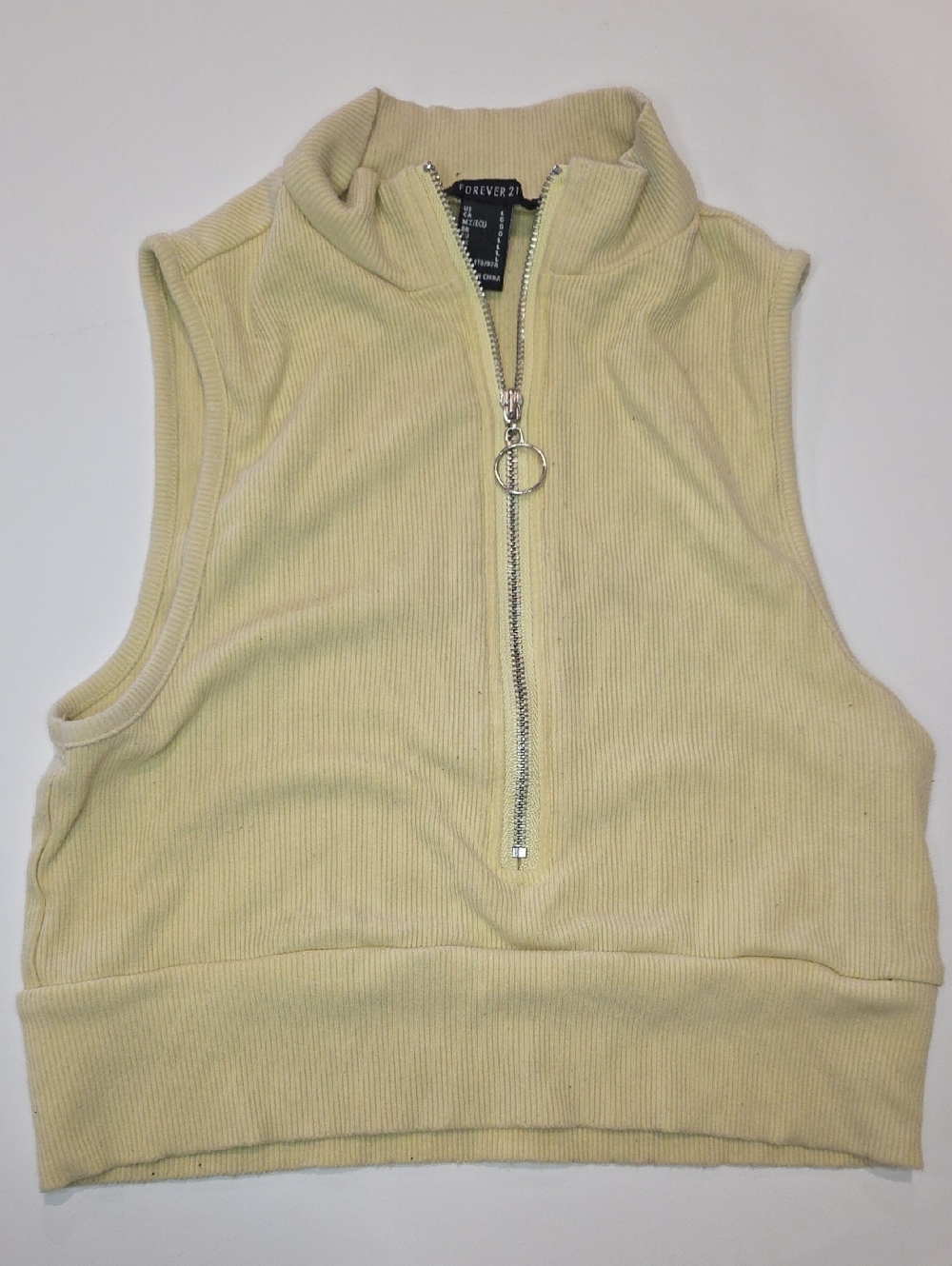 Forever 21 Light Yellow Ribbed Half-Zip Mock Neck Crop Top